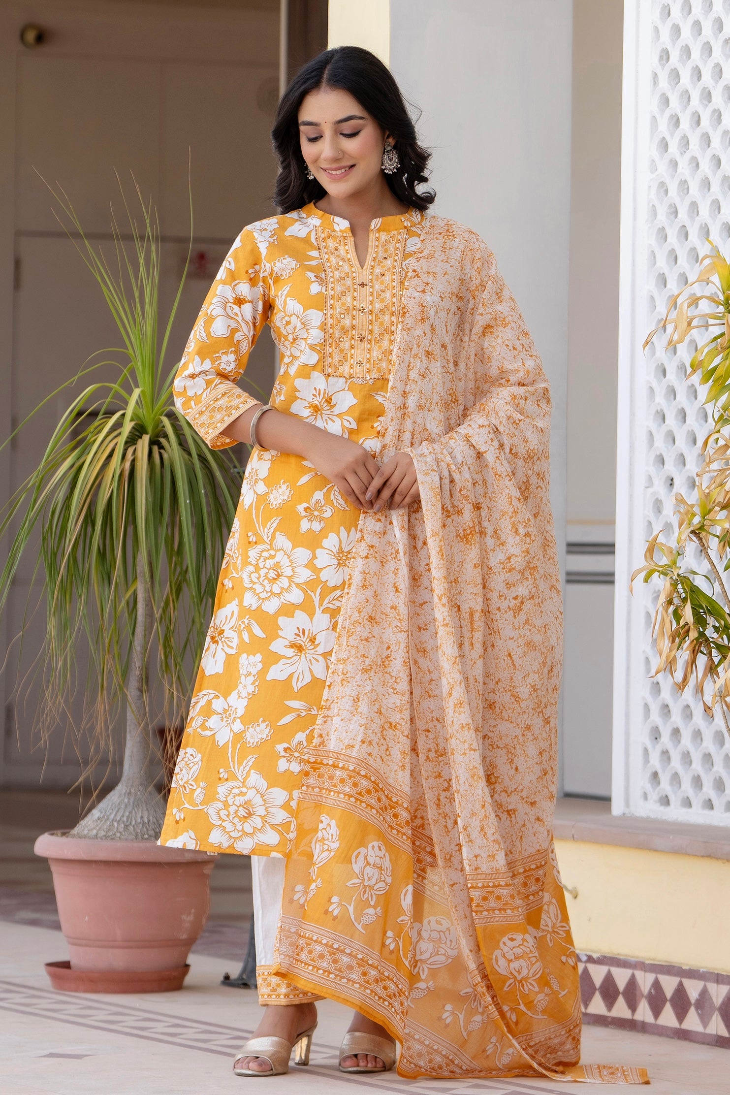 Judy - Mustard Yellow Mandarin Collar Printed Cotton Kurta Set with Dupatta