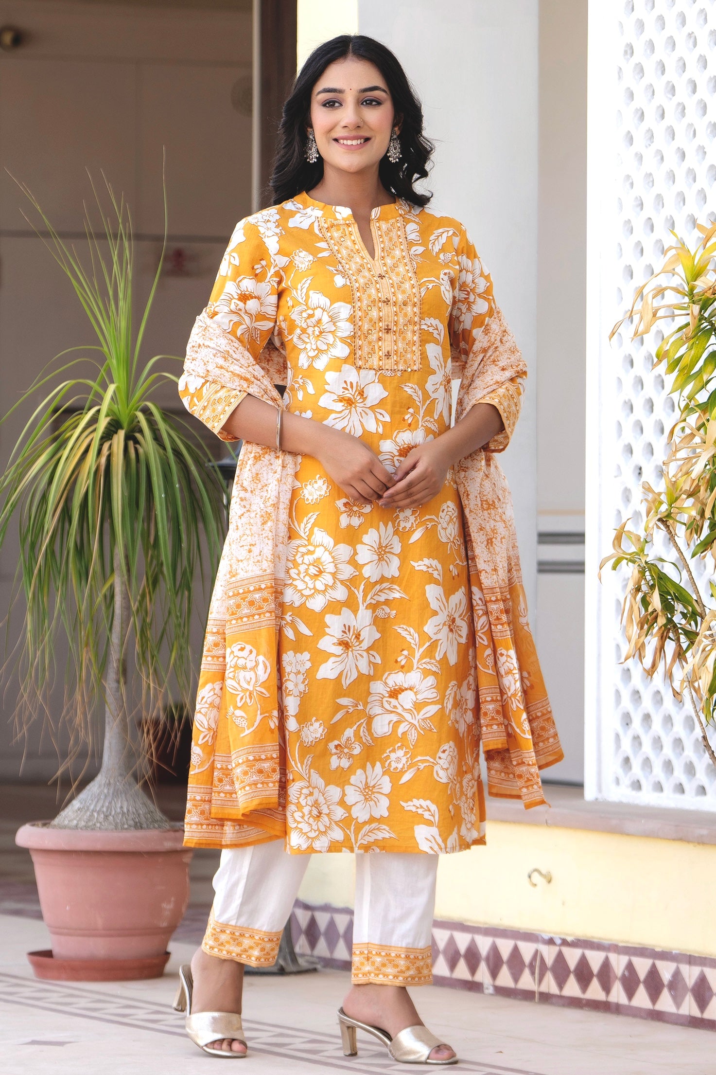 Judy - Mustard Yellow Mandarin Collar Printed Cotton Kurta Set with Dupatta