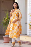 Judy - Mustard Yellow Mandarin Collar Printed Cotton Kurta Set with Dupatta