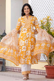 Judy - Mustard Yellow Mandarin Collar Printed Cotton Kurta Set with Dupatta