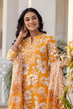 Judy - Mustard Yellow Mandarin Collar Printed Cotton Kurta Set with Dupatta