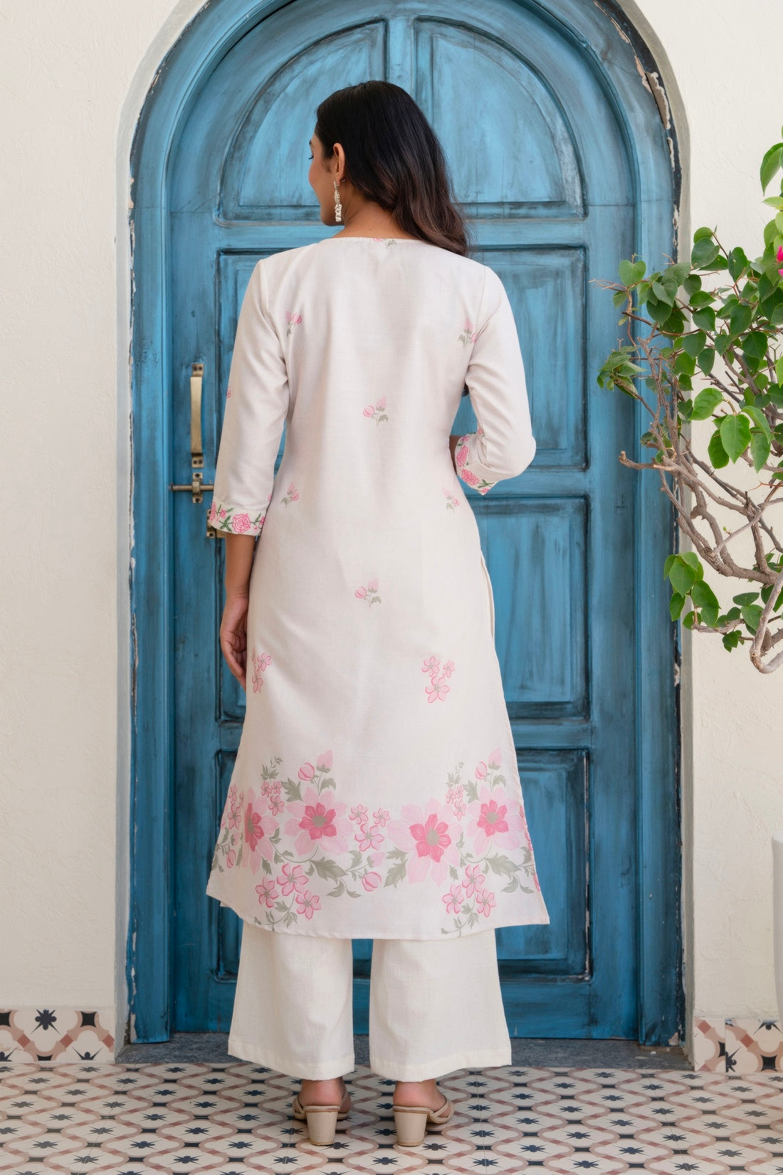 Off White and Pink Pintucks Detail Cotton Flex Kurta Set with Palazzos and Dupatta