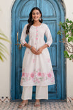 Off White and Pink Pintucks Detail Cotton Flex Kurta Set with Palazzos and Dupatta