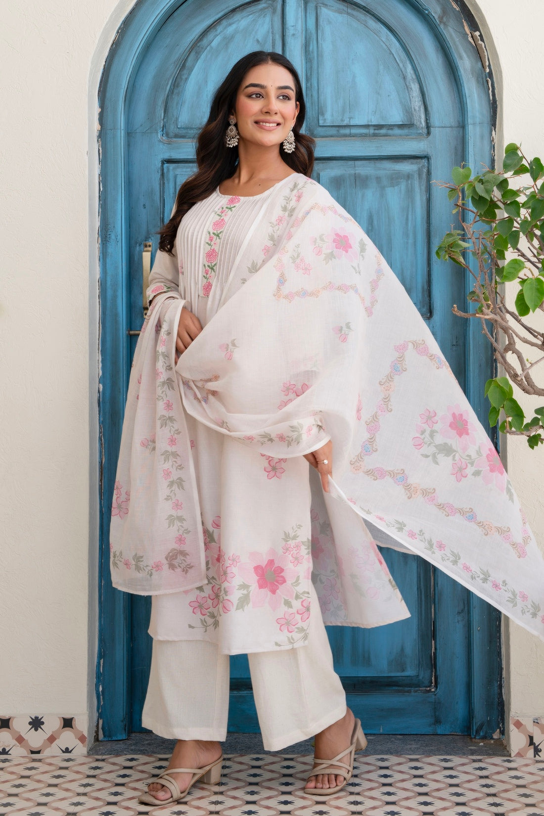 Off White and Pink Pintucks Detail Cotton Flex Kurta Set with Palazzos and Dupatta