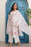 Off White and Pink Pintucks Detail Cotton Flex Kurta Set with Palazzos and Dupatta