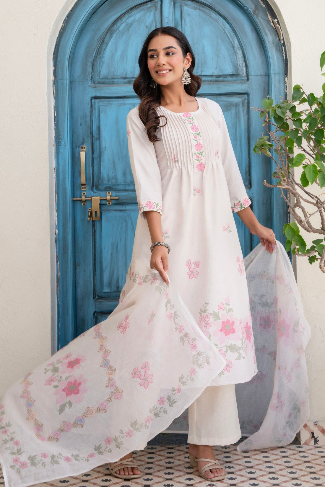 Off White and Pink Pintucks Detail Cotton Flex Kurta Set with Palazzos and Dupatta
