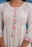 Off White and Pink Pintucks Detail Cotton Flex Kurta Set with Palazzos and Dupatta