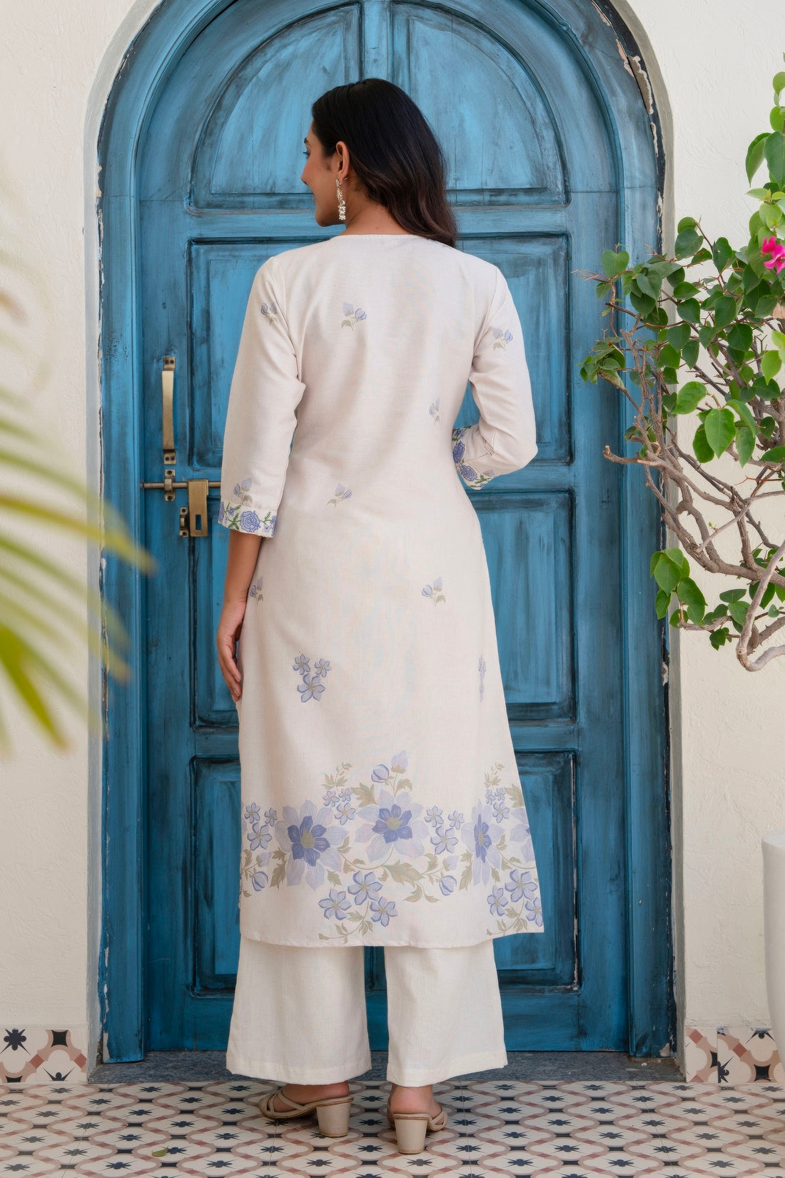 Off White and Blue Pintucks Detail Cotton Flex Kurta Set with Palazzos and Dupatta