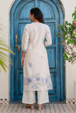 Off White and Blue Pintucks Detail Cotton Flex Kurta Set with Palazzos and Dupatta