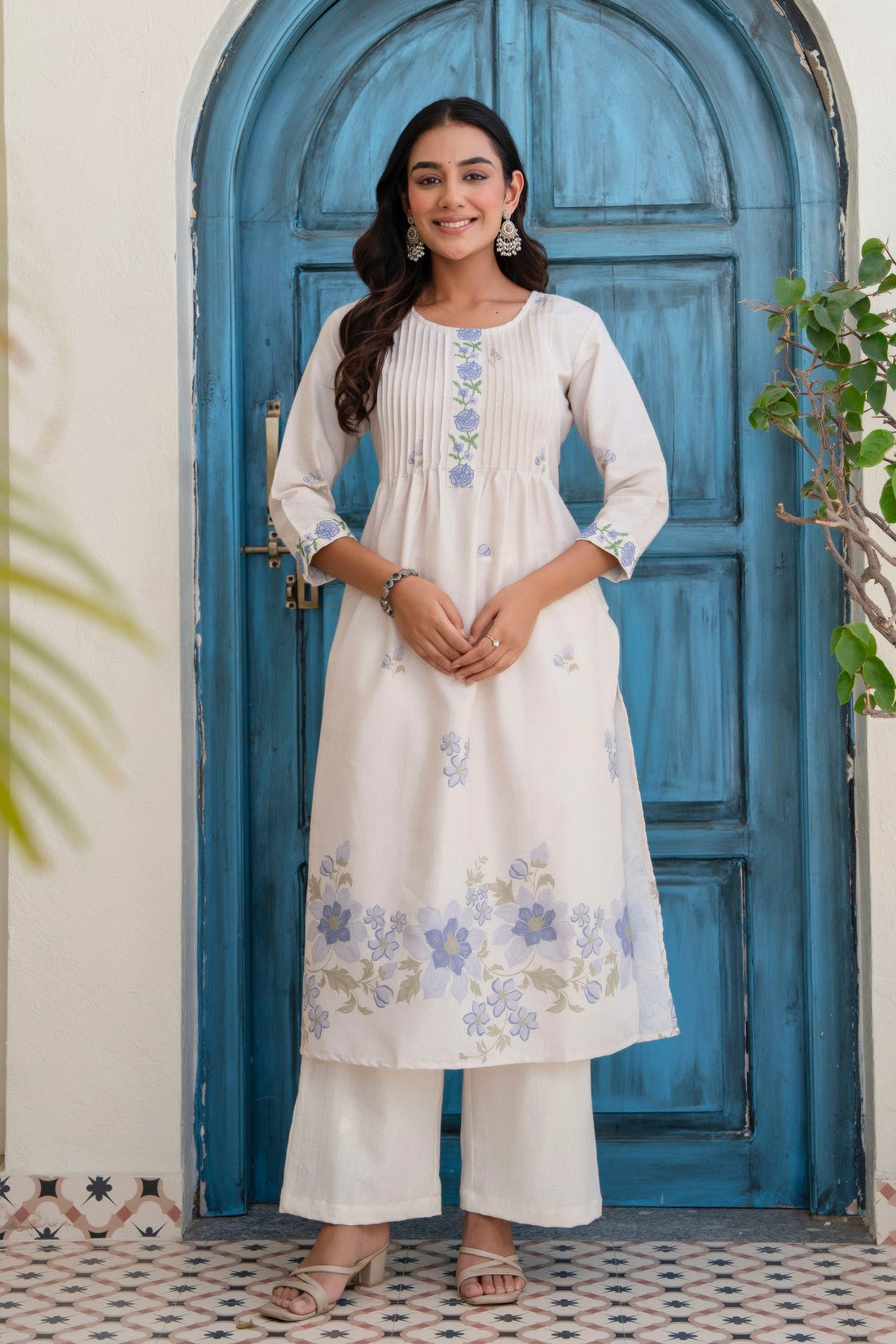 Off White and Blue Pintucks Detail Cotton Flex Kurta Set with Palazzos and Dupatta