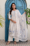 Off White and Blue Pintucks Detail Cotton Flex Kurta Set with Palazzos and Dupatta