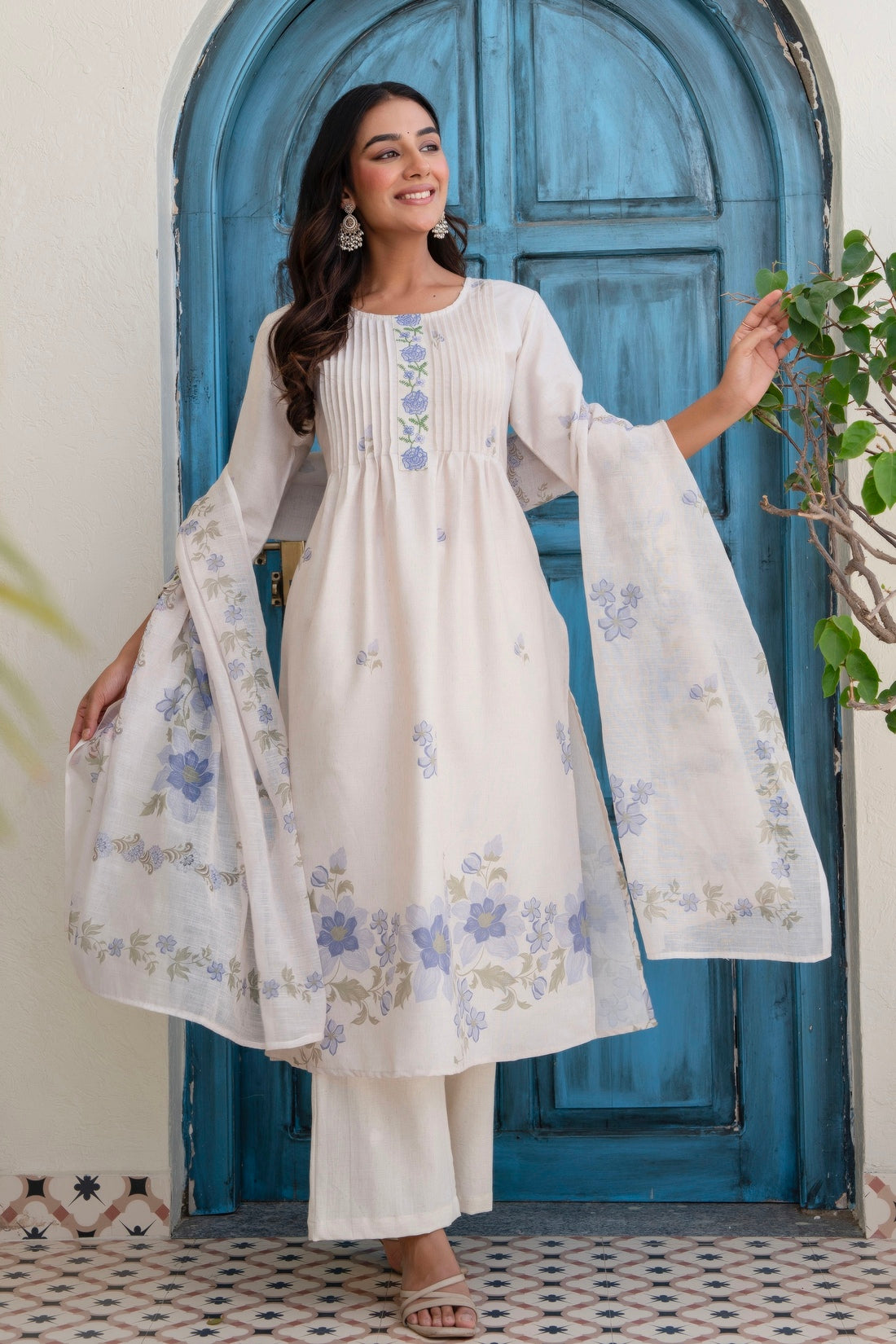 Off White and Blue Pintucks Detail Cotton Flex Kurta Set with Palazzos and Dupatta