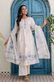 Off White and Blue Pintucks Detail Cotton Flex Kurta Set with Palazzos and Dupatta
