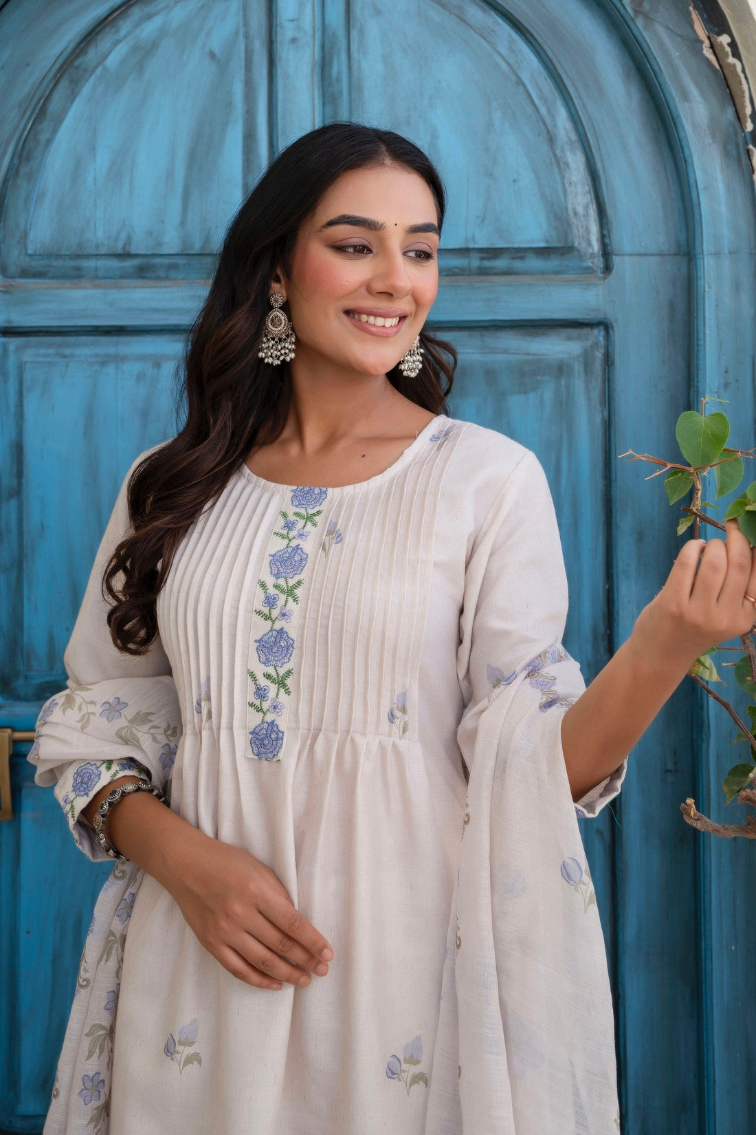 Off White and Blue Pintucks Detail Cotton Flex Kurta Set with Palazzos and Dupatta
