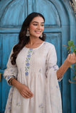 Off White and Blue Pintucks Detail Cotton Flex Kurta Set with Palazzos and Dupatta