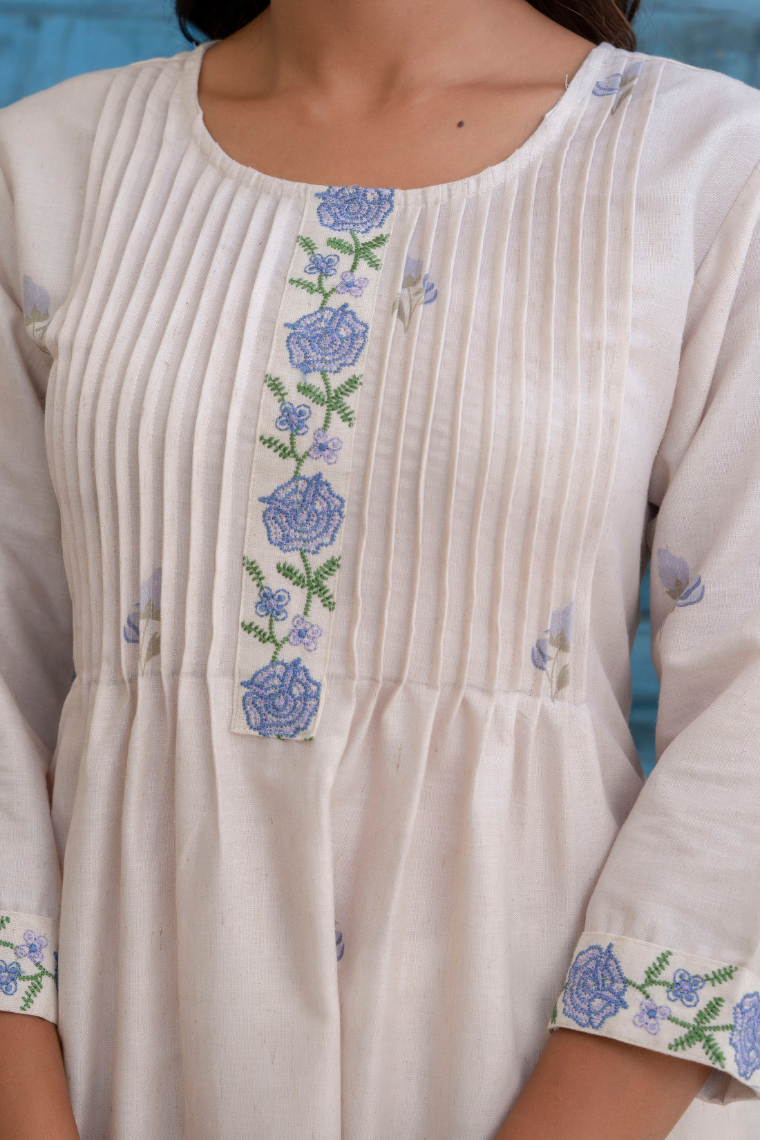 Off White and Blue Pintucks Detail Cotton Flex Kurta Set with Palazzos and Dupatta