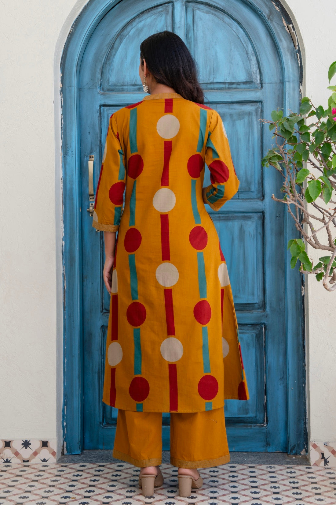 Mustard Polka Print A-line Kurta Set with Palazzos