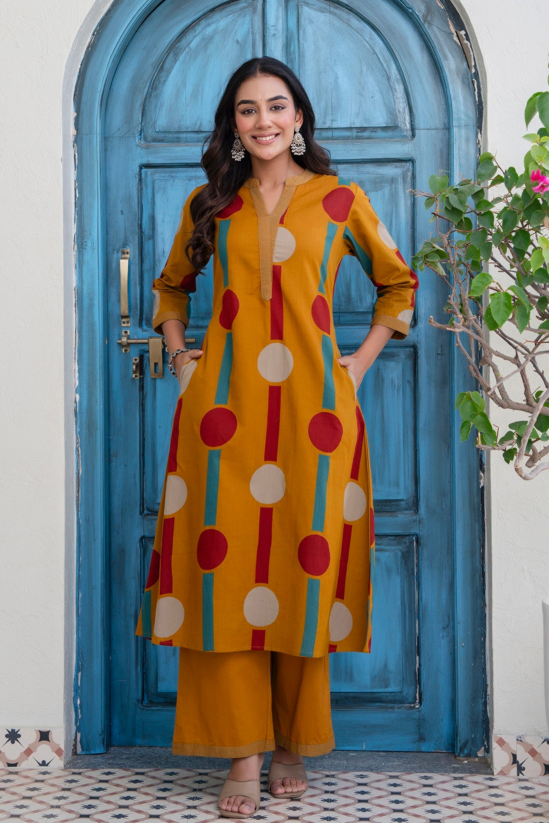 Mustard Polka Print A-line Kurta Set with Palazzos