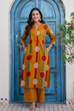 Mustard Polka Print A-line Kurta Set with Palazzos