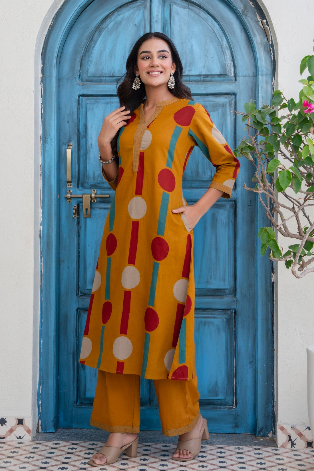 Mustard Polka Print A-line Kurta Set with Palazzos