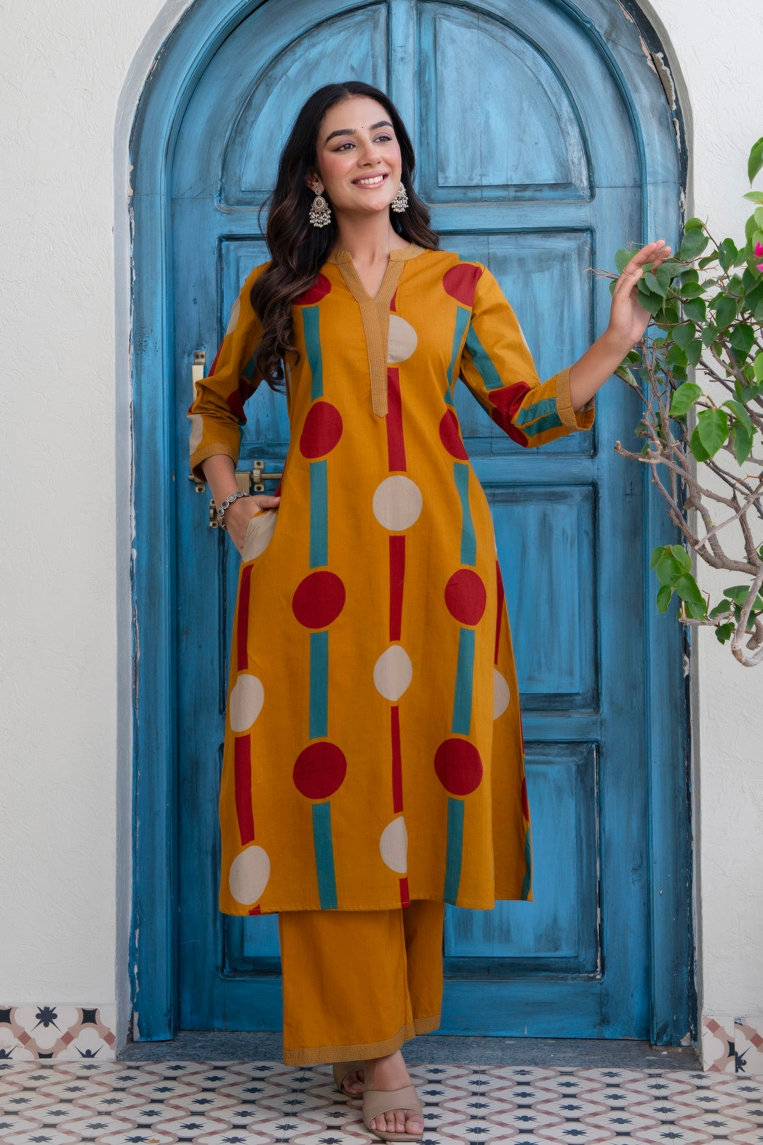 Mustard Polka Print A-line Kurta Set with Palazzos