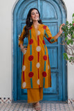 Mustard Polka Print A-line Kurta Set with Palazzos