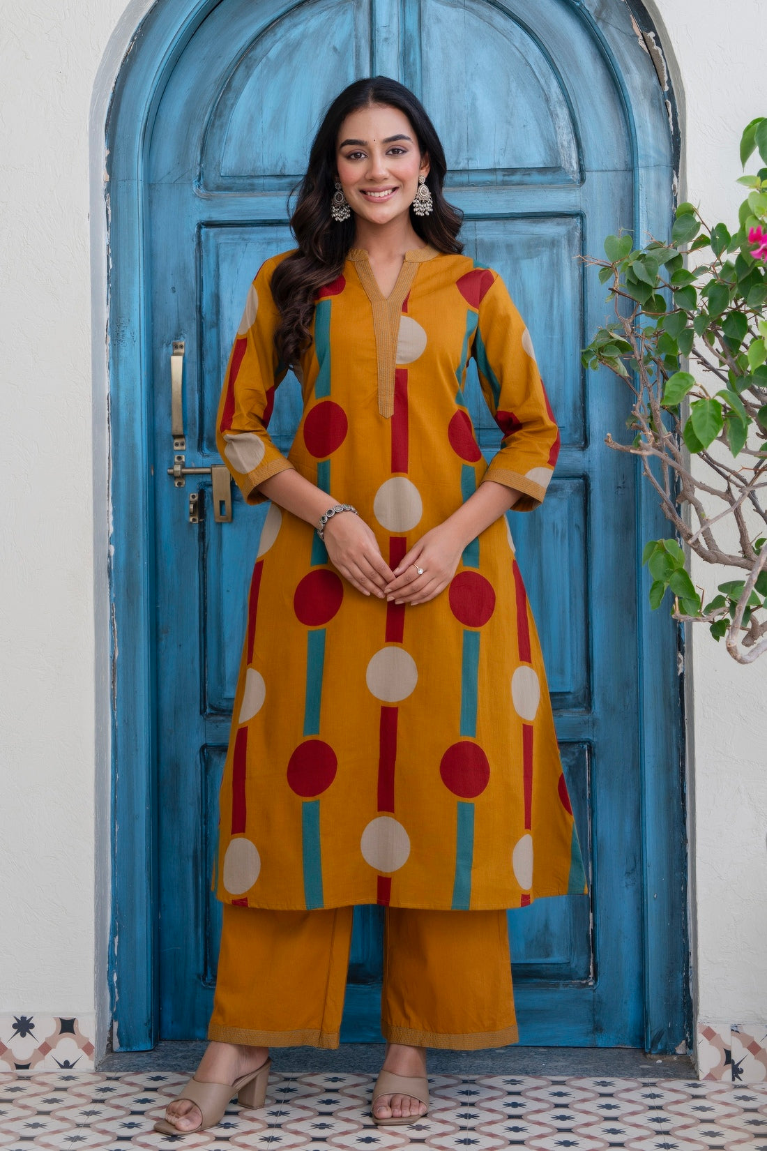 Mustard Polka Print A-line Kurta Set with Palazzos