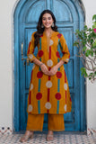 Mustard Polka Print A-line Kurta Set with Palazzos