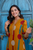 Mustard Polka Print A-line Kurta Set with Palazzos