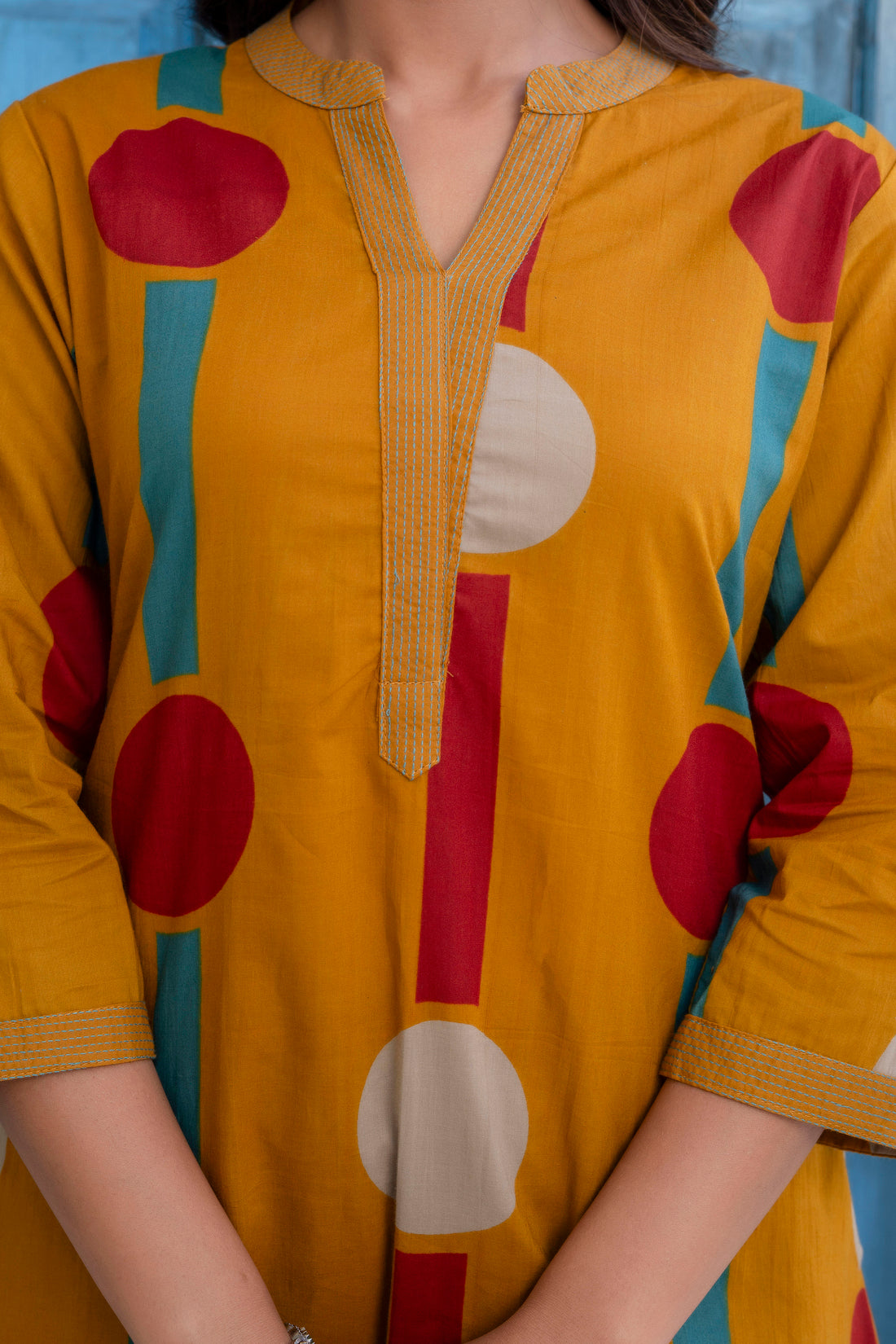 Mustard Polka Print A-line Kurta Set with Palazzos