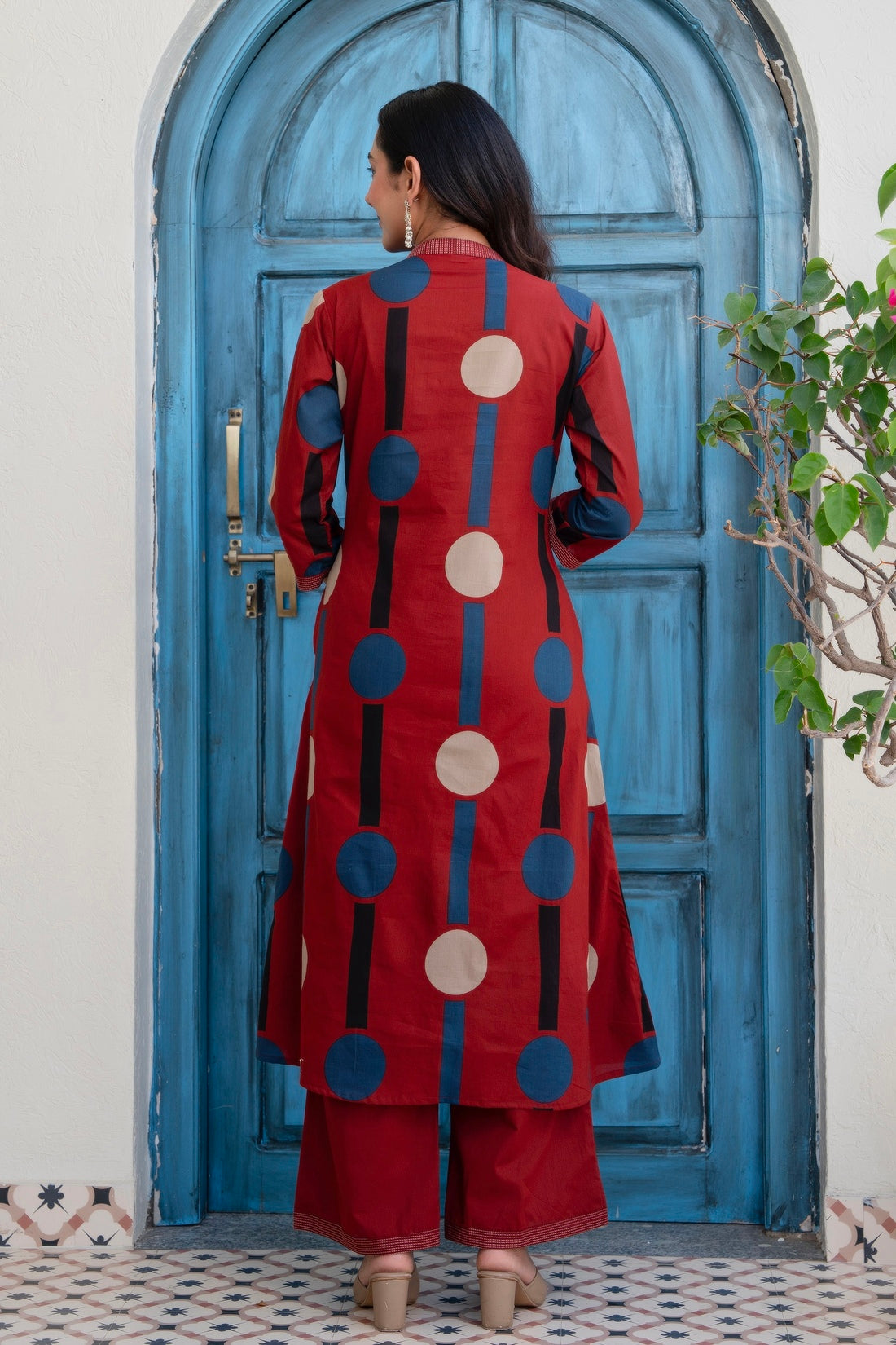 Maroon Polka Print A-line Kurta Set with Palazzos