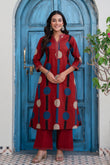 Maroon Polka Print A-line Kurta Set with Palazzos