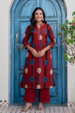 Maroon Polka Print A-line Kurta Set with Palazzos
