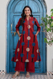 Maroon Polka Print A-line Kurta Set with Palazzos