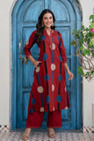 Maroon Polka Print A-line Kurta Set with Palazzos
