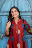 Maroon Polka Print A-line Kurta Set with Palazzos