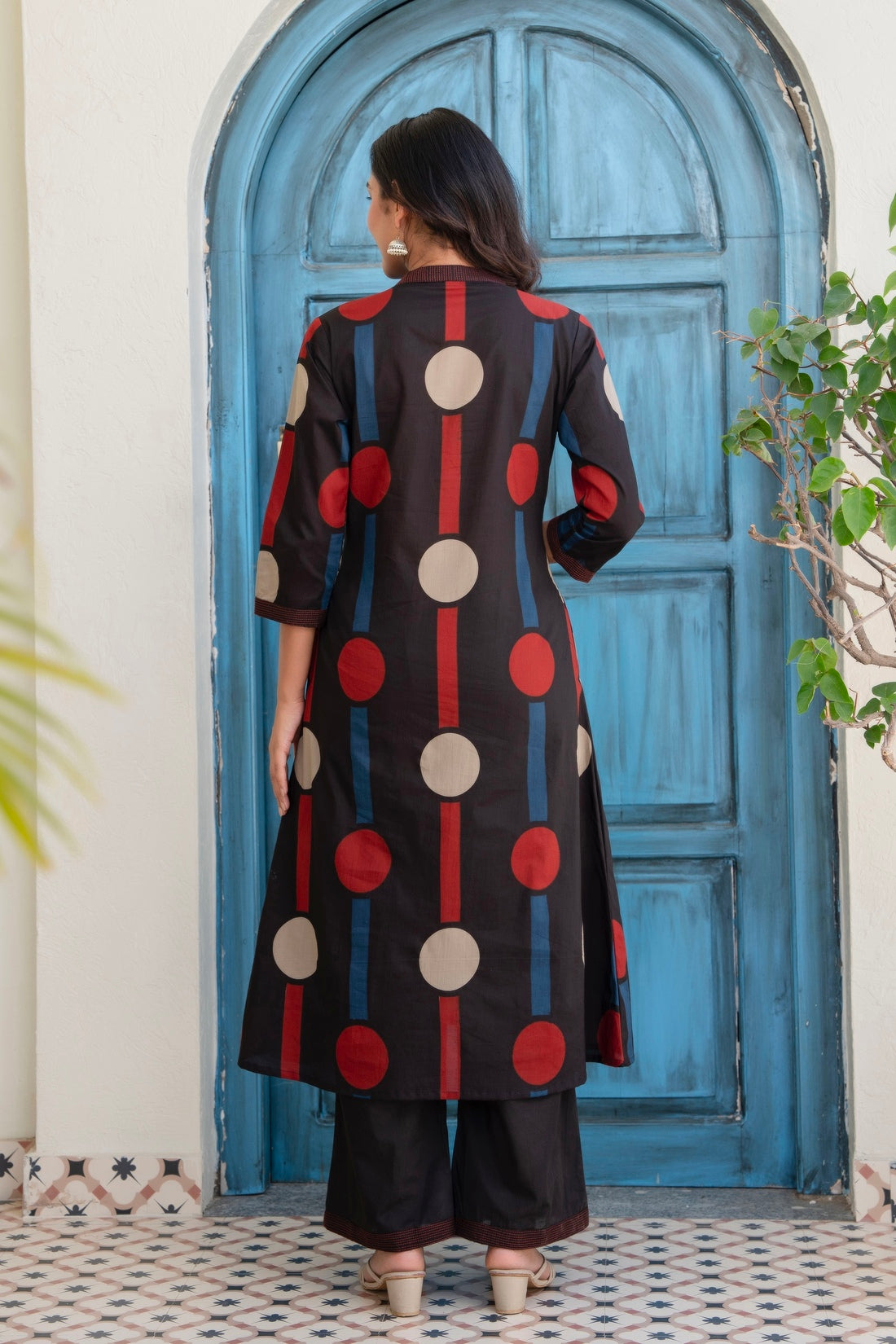 Black Polka Print A-line Kurta Set with Palazzos