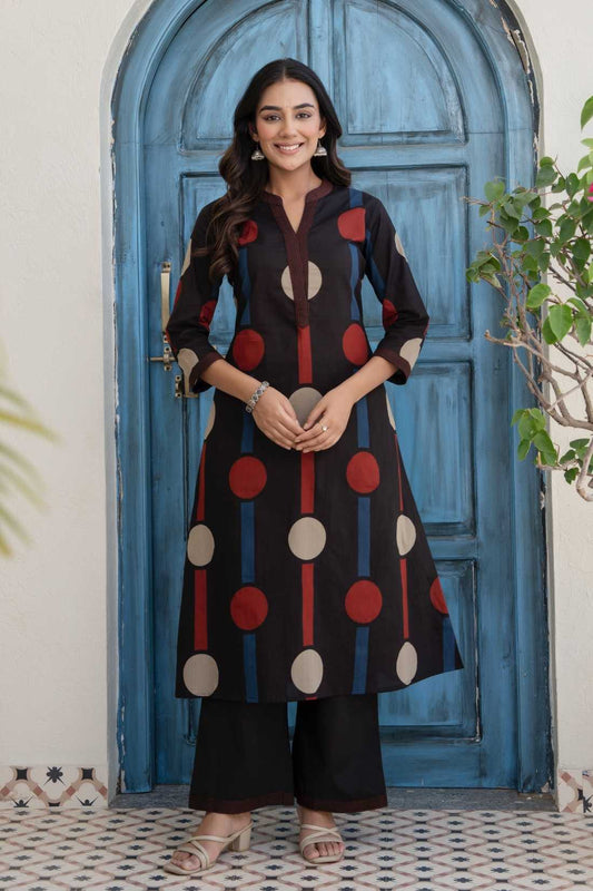 Black Polka Print A-line Kurta Set with Palazzos