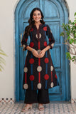 Black Polka Print A-line Kurta Set with Palazzos