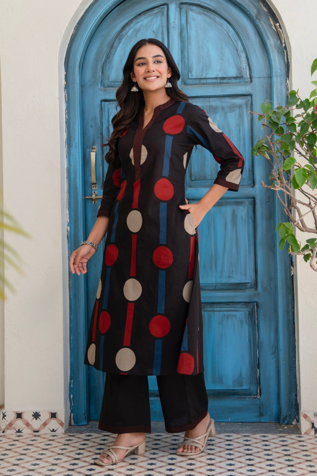 Black Polka Print A-line Kurta Set with Palazzos