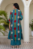 Teal Polka Print A-line Kurta Set with Palazzos
