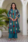 Teal Polka Print A-line Kurta Set with Palazzos