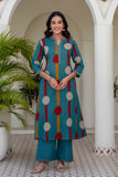 Teal Polka Print A-line Kurta Set with Palazzos