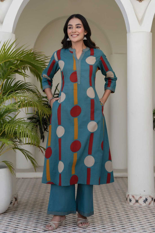 Teal Polka Print A-line Kurta Set with Palazzos