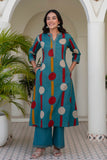 Teal Polka Print A-line Kurta Set with Palazzos