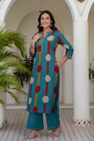 Teal Polka Print A-line Kurta Set with Palazzos