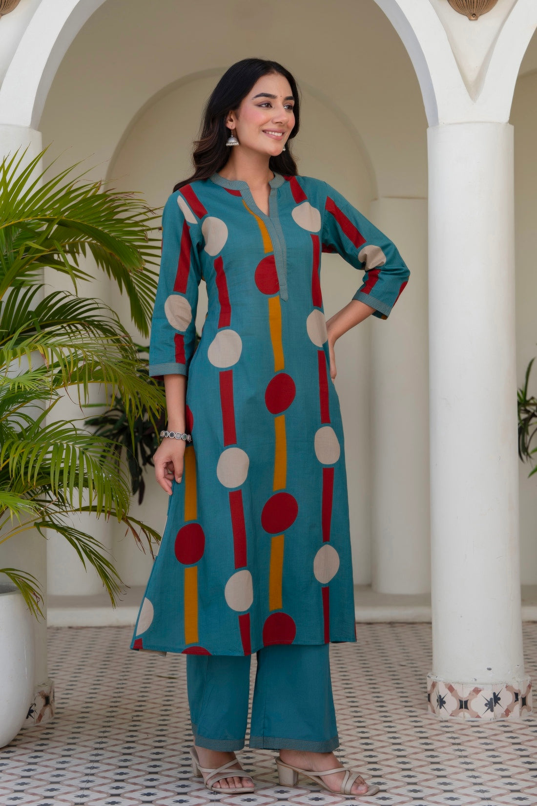 Teal Polka Print A-line Kurta Set with Palazzos