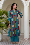 Teal Polka Print A-line Kurta Set with Palazzos