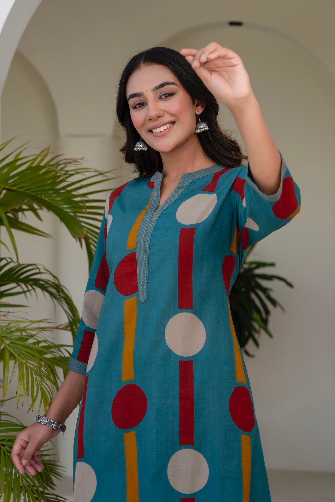 Teal Polka Print A-line Kurta Set with Palazzos