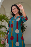 Teal Polka Print A-line Kurta Set with Palazzos